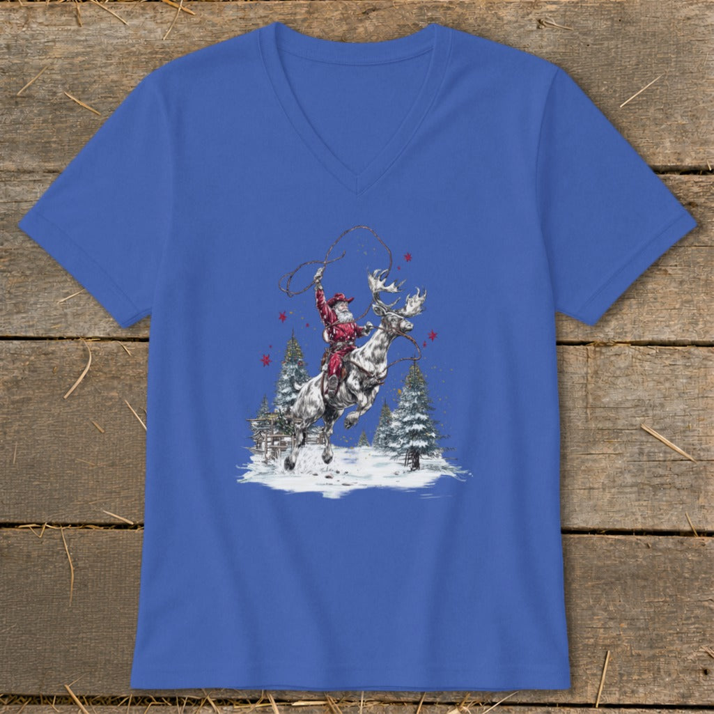 Santa Claus riding a reindeer with a lasso in a snowy forest scene.