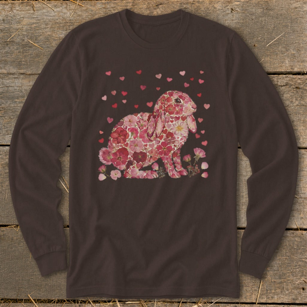 Long-sleeve brown t-shirt with a floral bunny graphic surrounded by pink hearts.