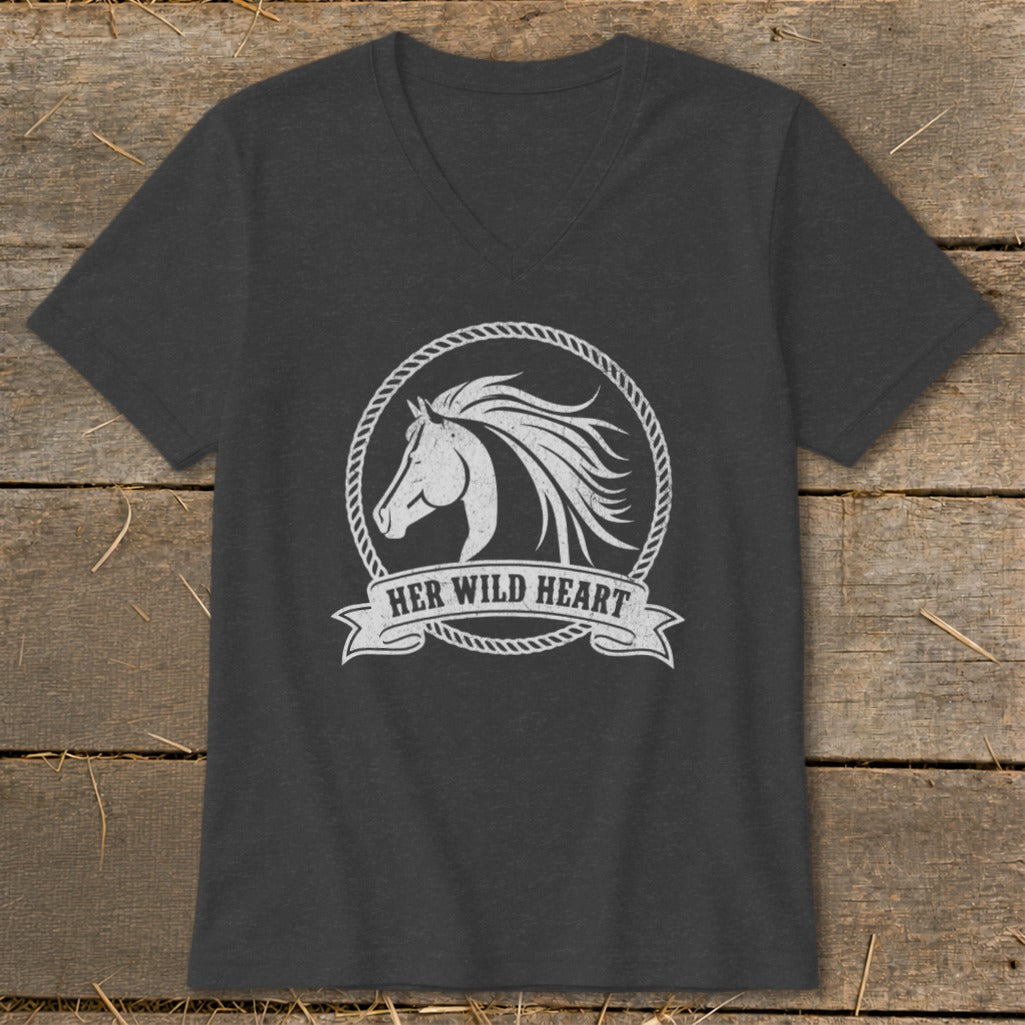 Dark grey v-neck t-shirt with white horse head graphic and "HER WILD HEART" text.