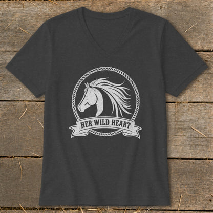 Dark grey v-neck t-shirt with white horse head graphic and "HER WILD HEART" text.