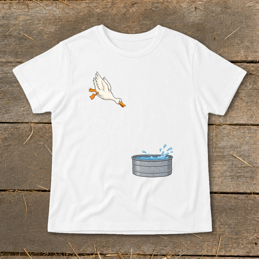White t-shirt with a cartoon duck jumping into a galvanized tub of water.