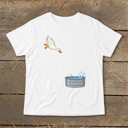 White t-shirt with a cartoon duck jumping into a galvanized tub of water.