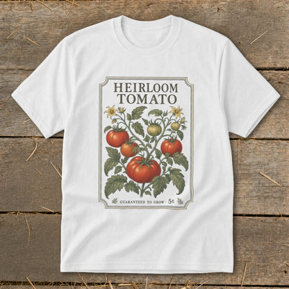White t-shirt with vintage heirloom tomato seed packet design.