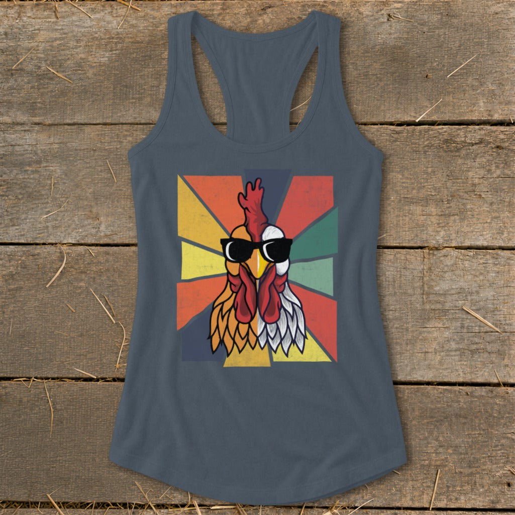 Tank top with retro-style chicken wearing sunglasses against a colorful geometric background.