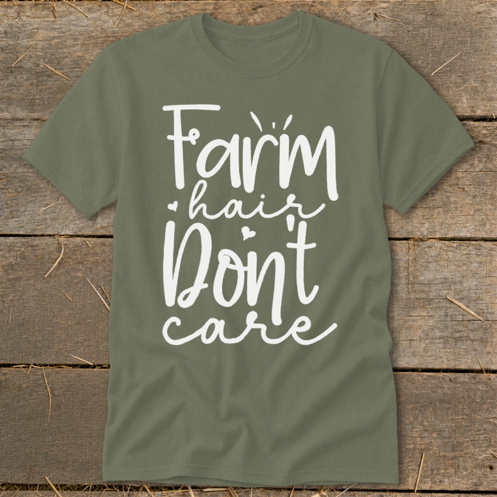 Green t-shirt with white text "Farm hair Don't care".