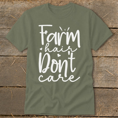 Green t-shirt with white text "Farm hair Don't care".