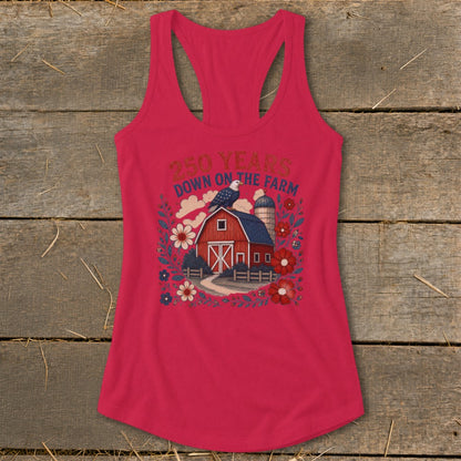 Red tank top with a farm graphic and the text "250 Years Down on the Farm".