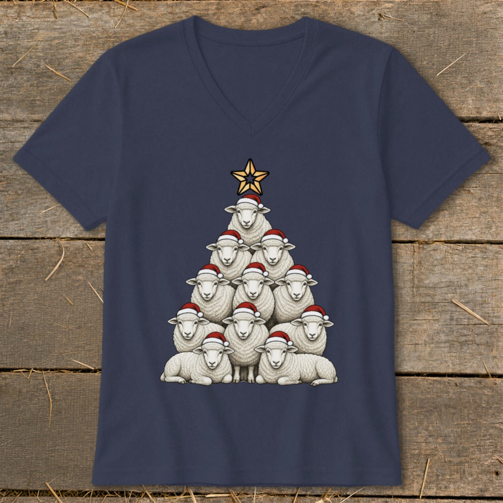 Navy t-shirt with a Christmas tree made of sheep wearing Santa hats.