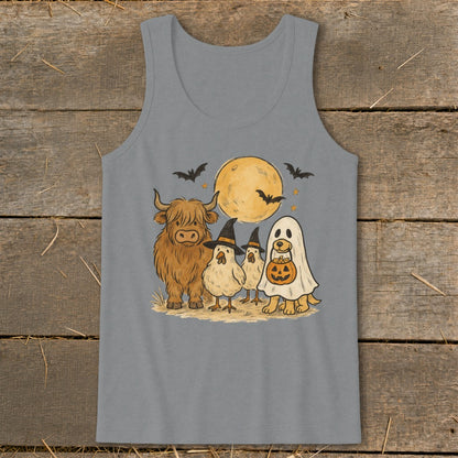 Highland cow, chickens in witch hats, and dog in ghost costume with pumpkin bucket.