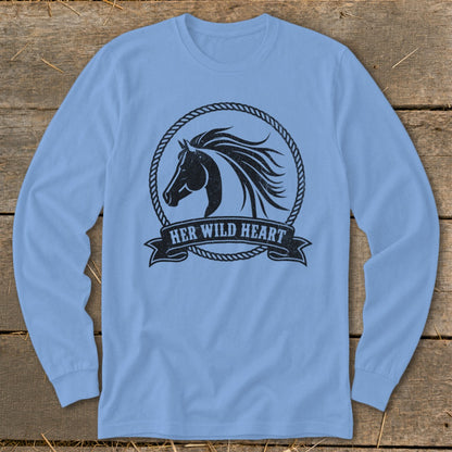 Light blue long sleeve shirt with black horse silhouette and "HER WILD HEART" text.