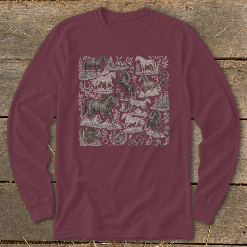 Maroon long-sleeve shirt with a detailed vintage equestrian collage pattern.