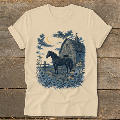 Dark horse stands by a wooden barn under a crescent moon.
