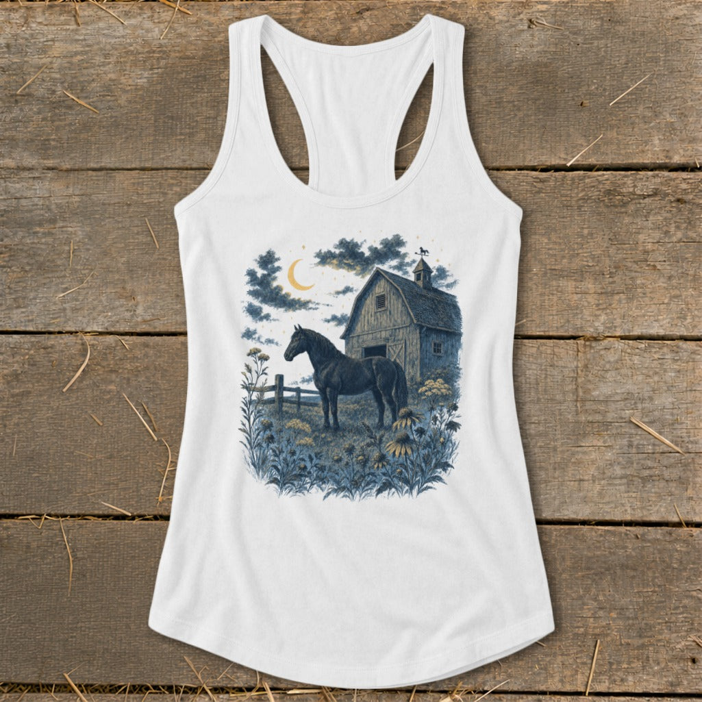 Black horse in a field with a barn and moon under a cloudy night sky.