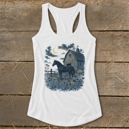 Black horse in a field with a barn and moon under a cloudy night sky.