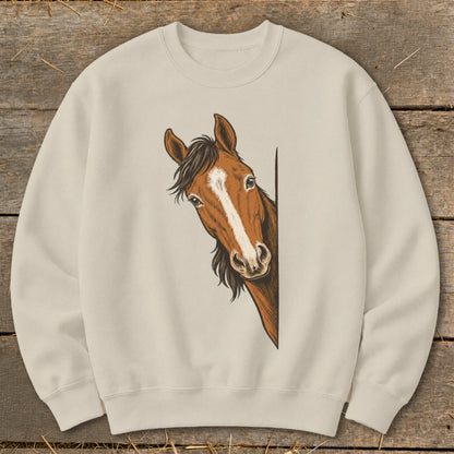 Cream sweatshirt with a brown horse head illustration peeking from the side.