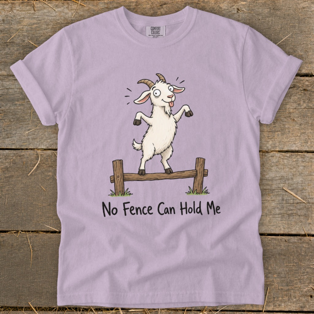 Light purple t-shirt with a cartoon goat balancing on a fence and text that says "No Fence Can Hold Me".