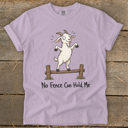 Light purple t-shirt with a cartoon goat balancing on a fence and text that says "No Fence Can Hold Me".