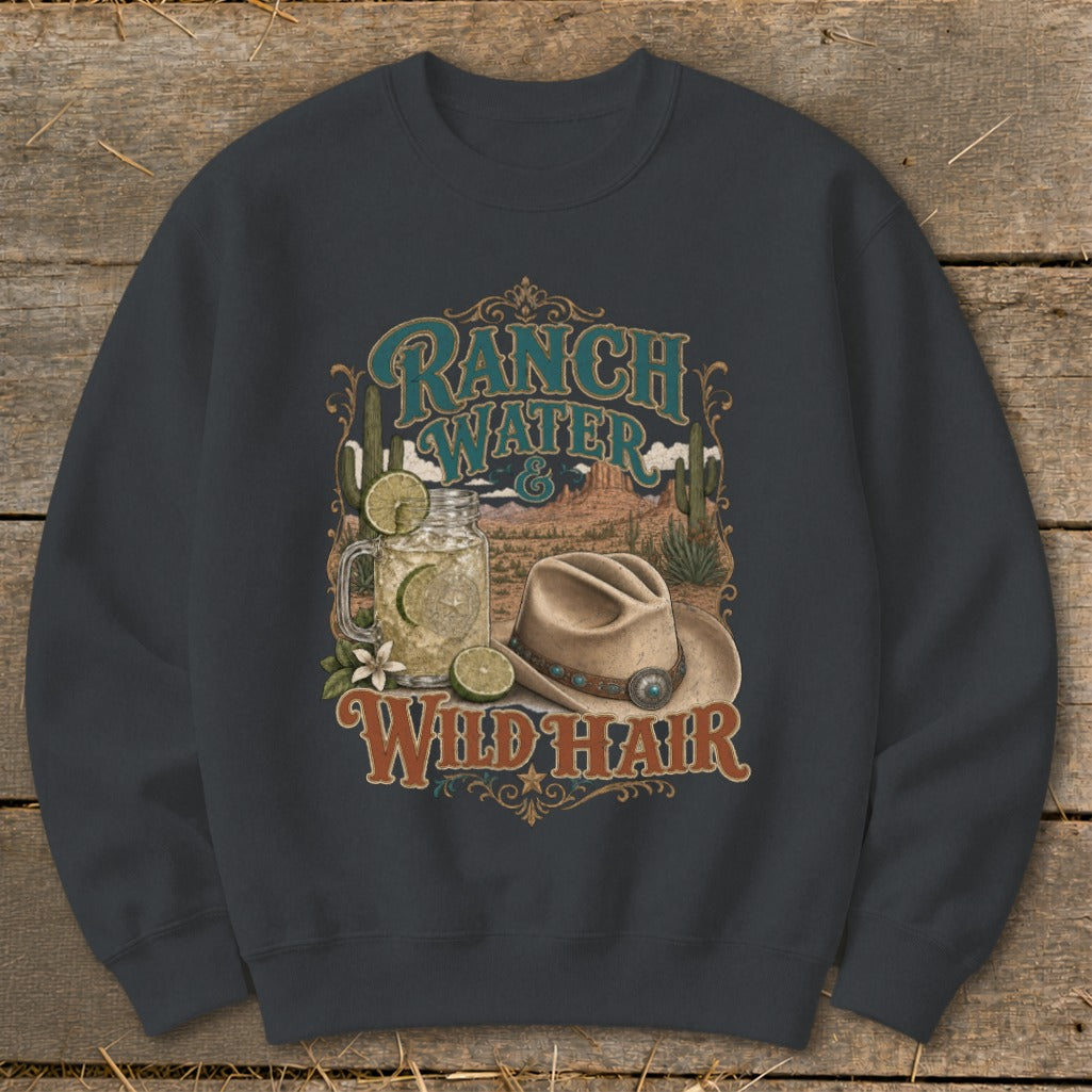 Ranch Water & Wild Hair graphic on a dark gray sweatshirt with a desert scene.