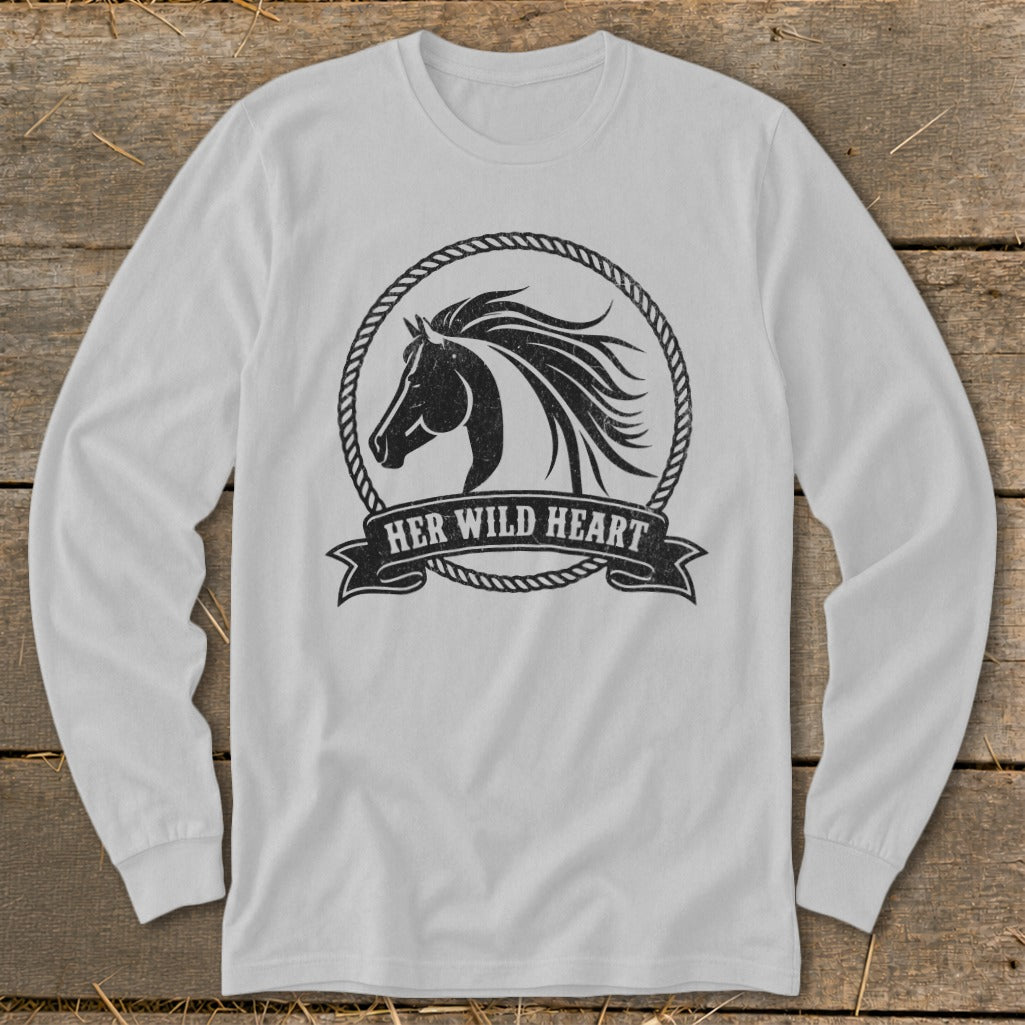 Long sleeve shirt with distressed horse head logo and text "HER WILD HEART".