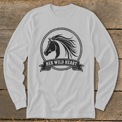 Long sleeve shirt with distressed horse head logo and text "HER WILD HEART".