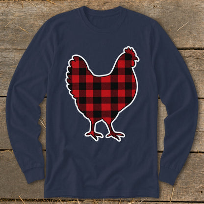 Navy long-sleeve shirt with a black and red buffalo plaid chicken graphic.