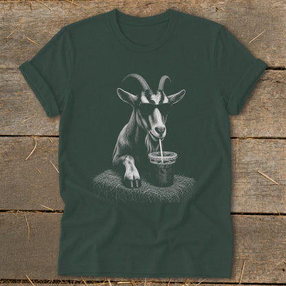 Goat wearing sunglasses sips a drink while sitting on hay.