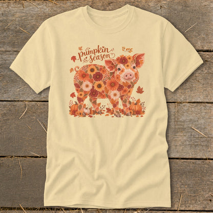 Cream t-shirt with a pig made of flowers and "Pumpkin Season" text.