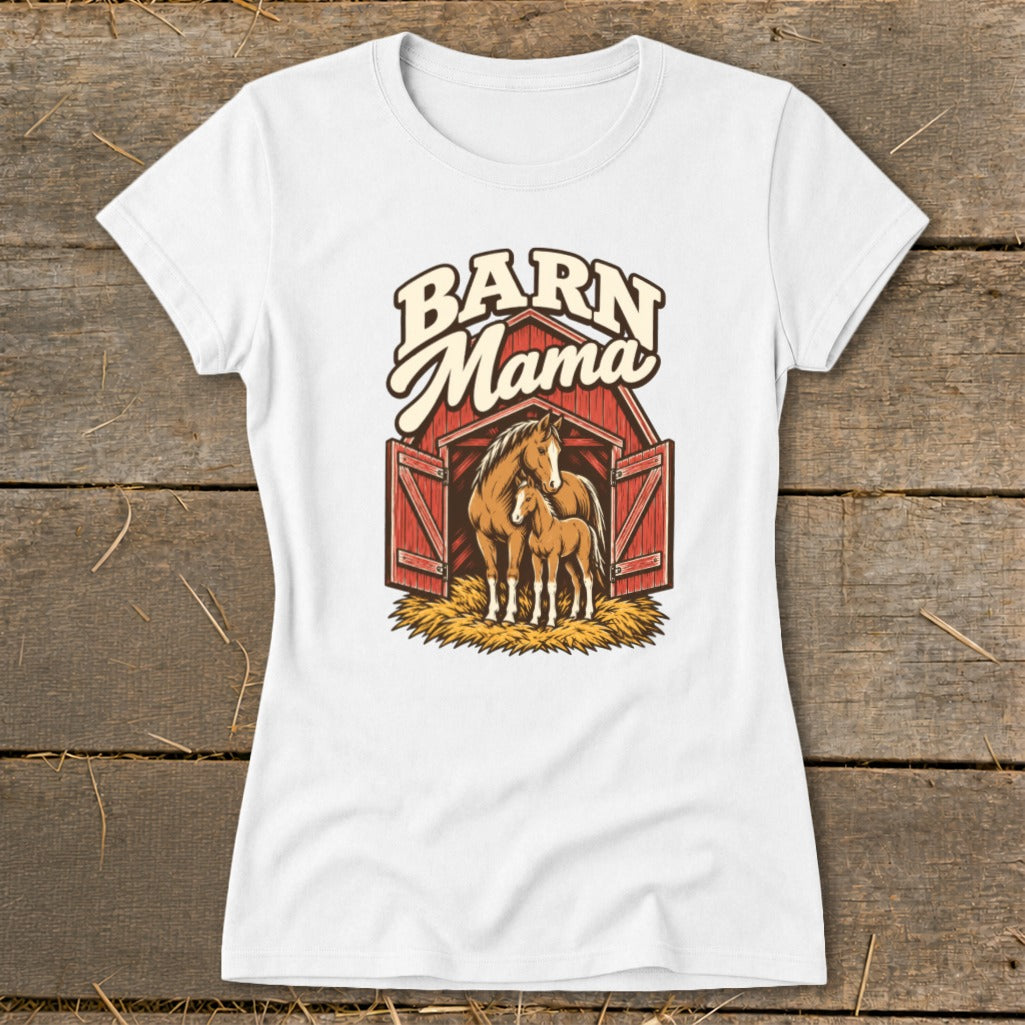 White t-shirt with "Barn Mama" text above horses in an open barn.