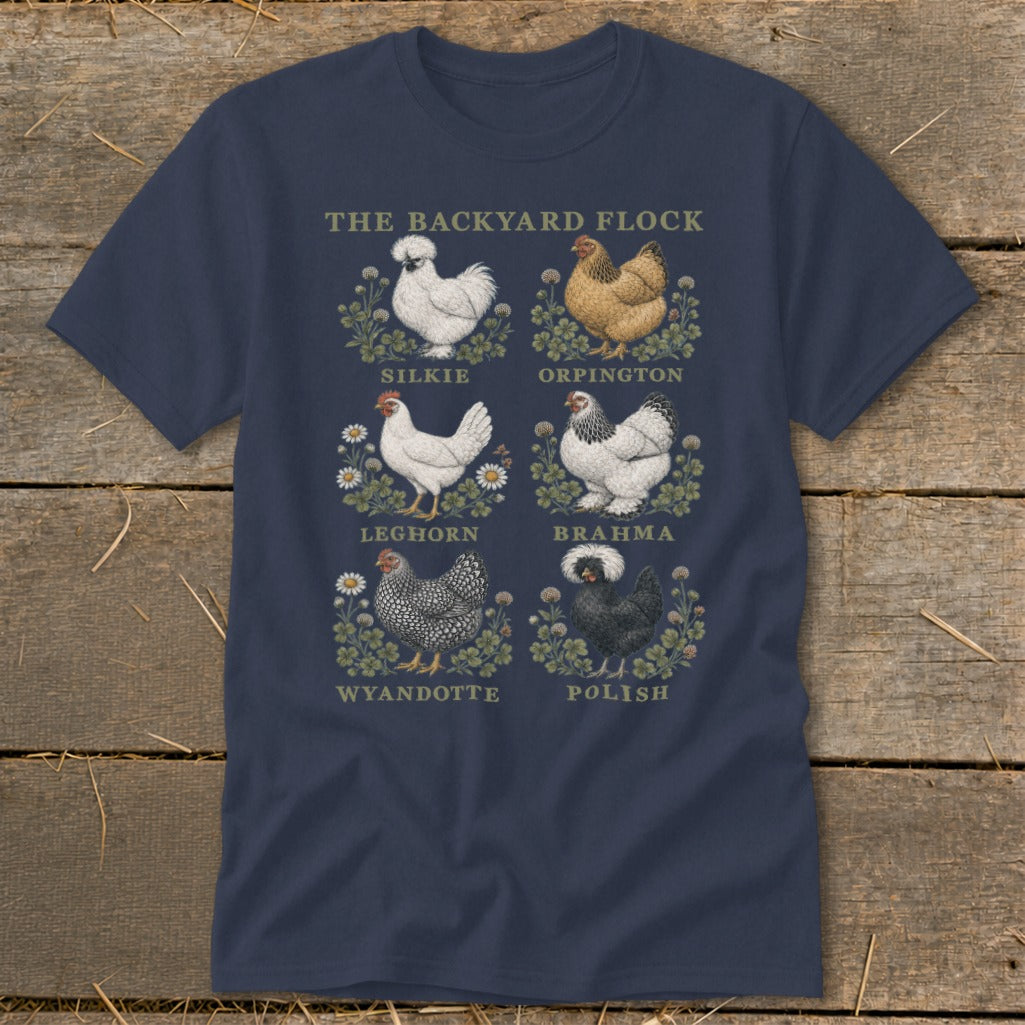 "The Backyard Flock" t-shirt features six illustrations of different chicken breeds.