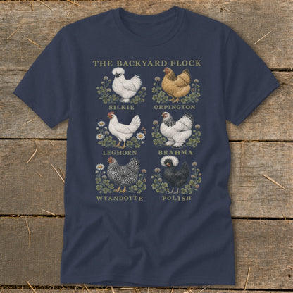 "The Backyard Flock" t-shirt features six illustrations of different chicken breeds.