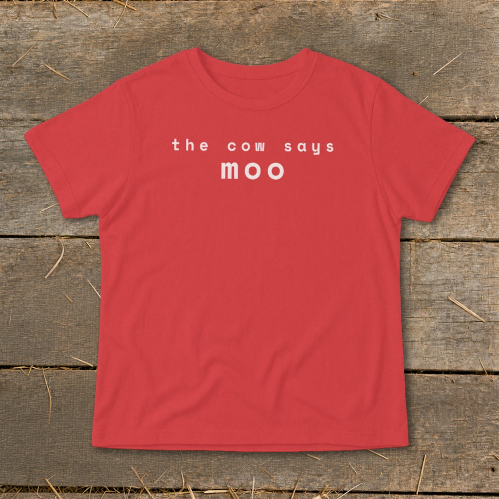 Red t-shirt with white text reading "the cow says moo".