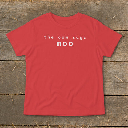 Red t-shirt with white text reading "the cow says moo".