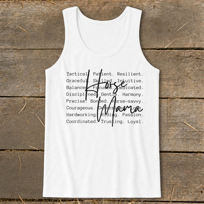 White tank top with "Horse Mama" and descriptive words.