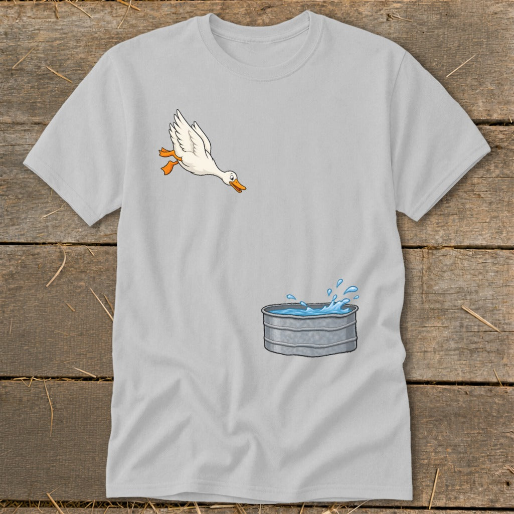Light gray t-shirt with cartoon of a goose jumping into a galvanized tub of water.