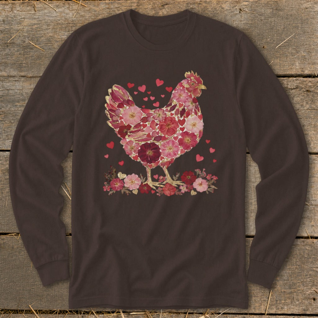 Long sleeve shirt with a chicken made of pink and red flowers and hearts.