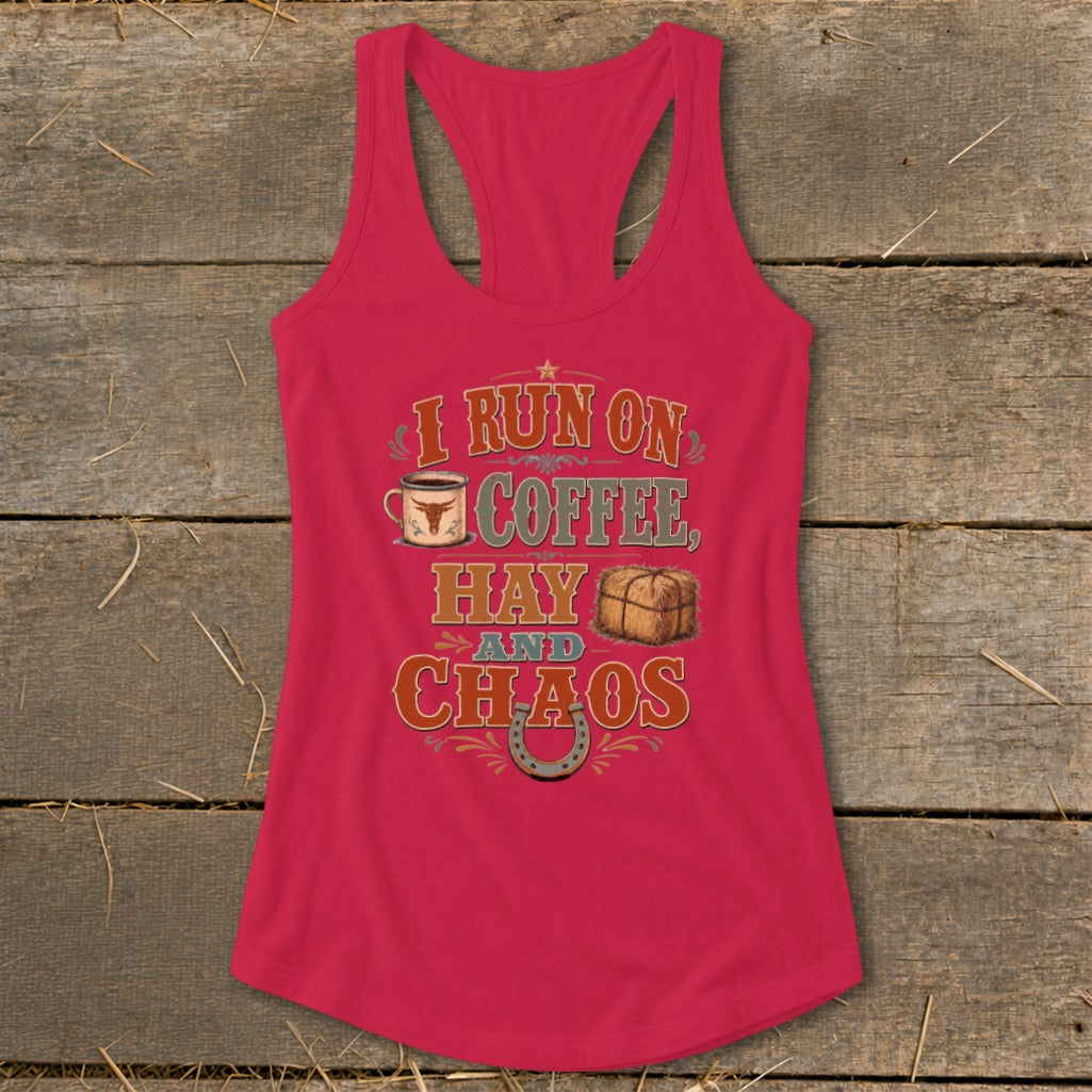 Pink tank top with "I Run On Coffee, Hay, and Chaos" text and graphics.