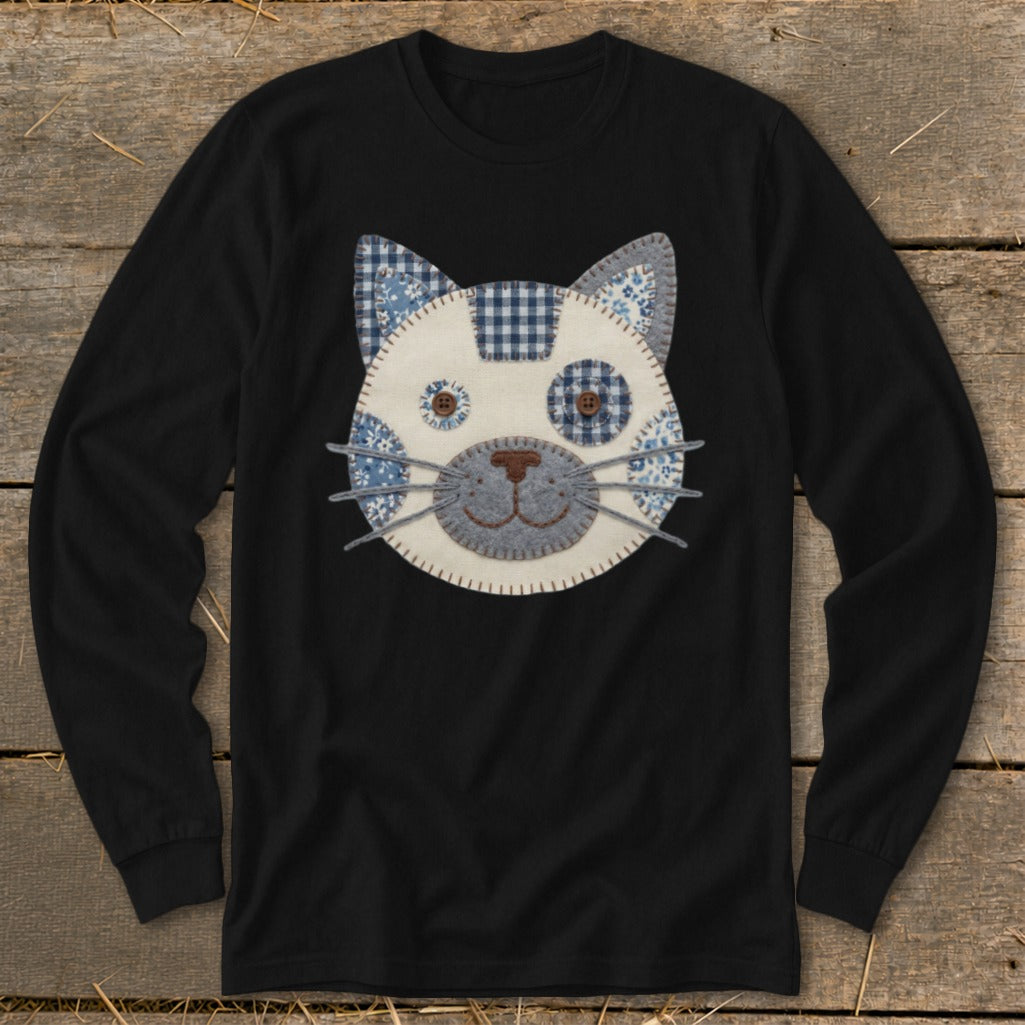 Black long-sleeve shirt with a fabric cat face applique.