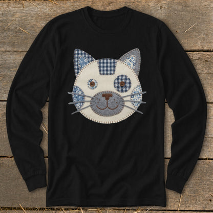 Black long-sleeve shirt with a fabric cat face applique.
