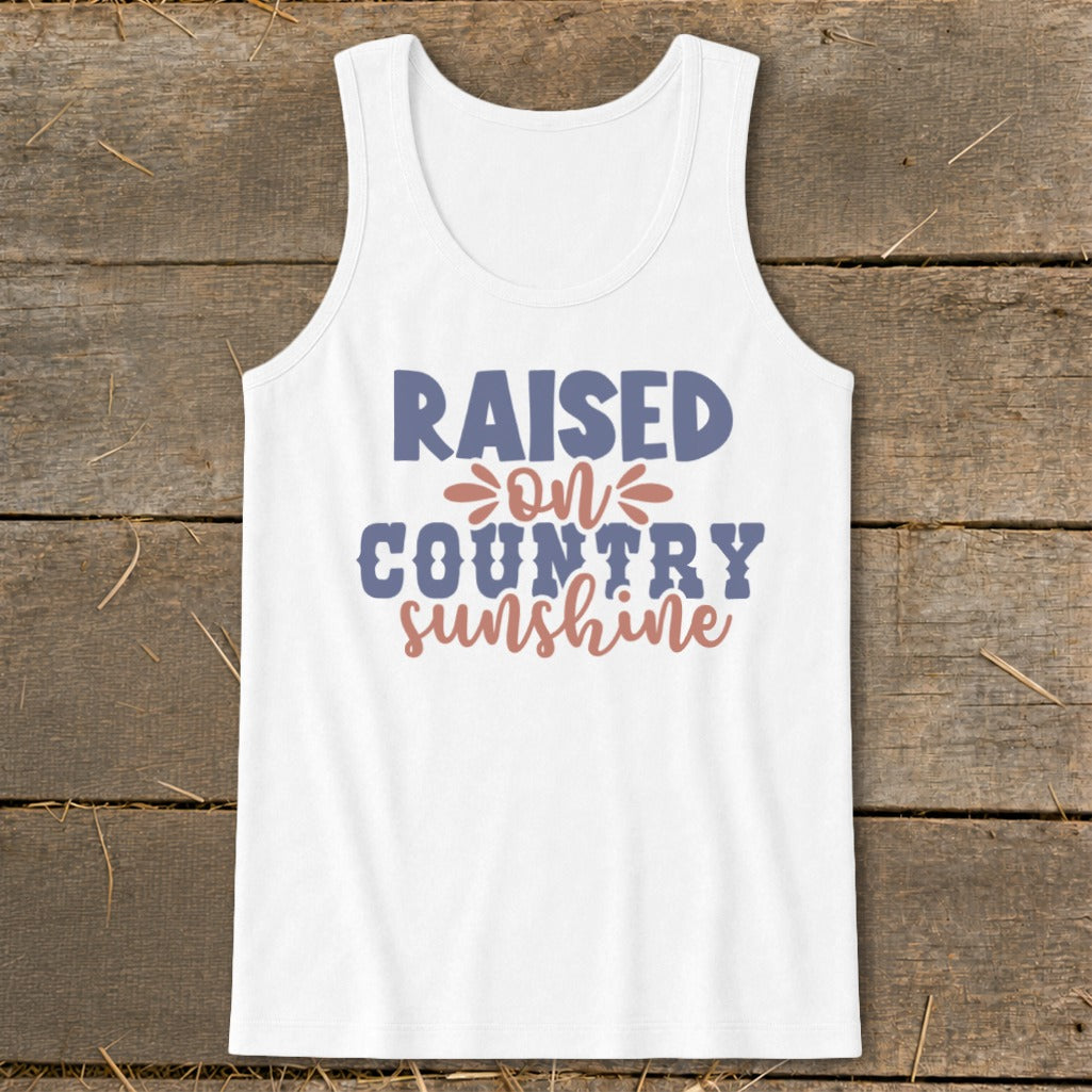White tank top with "Raised on Country Sunshine" text.