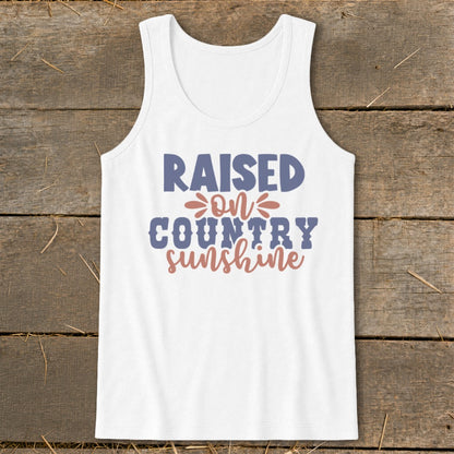 White tank top with "Raised on Country Sunshine" text.