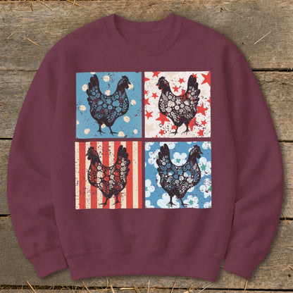 Four chickens in patterned squares with patriotic colors and designs.