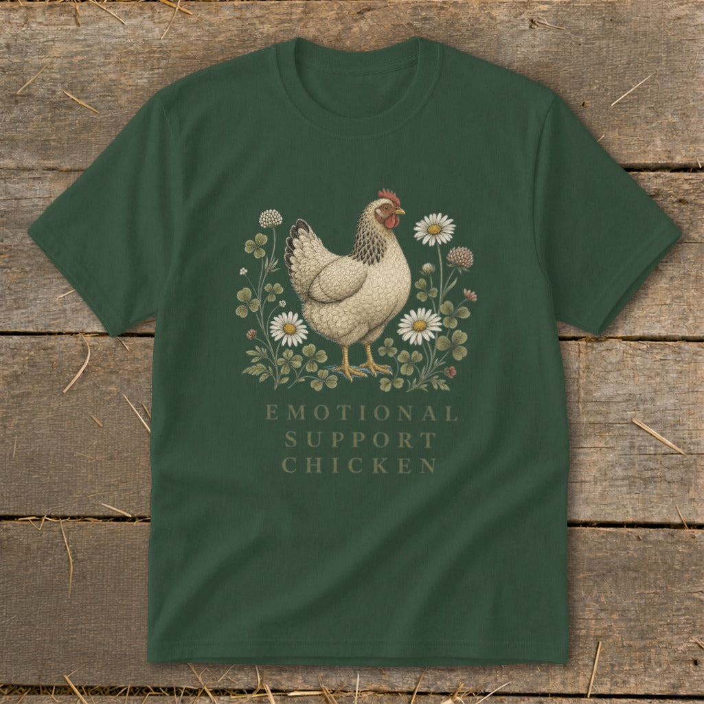 Green t-shirt with illustration of a hen surrounded by clover and daisies.