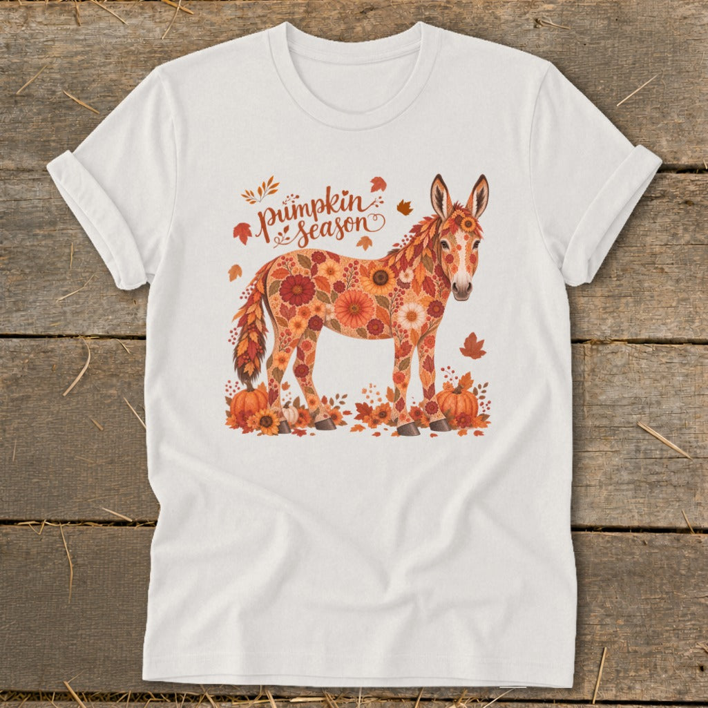 White t-shirt with a donkey design made of autumnal flowers and leaves.