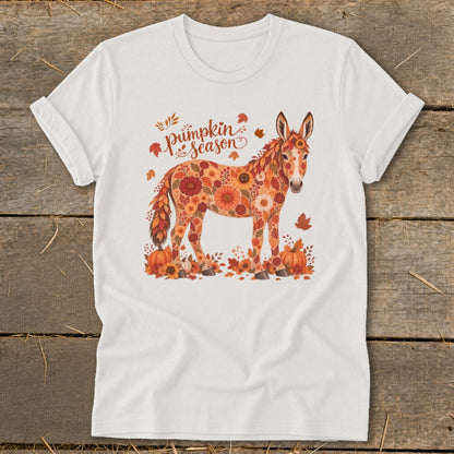 White t-shirt with a donkey design made of autumnal flowers and leaves.