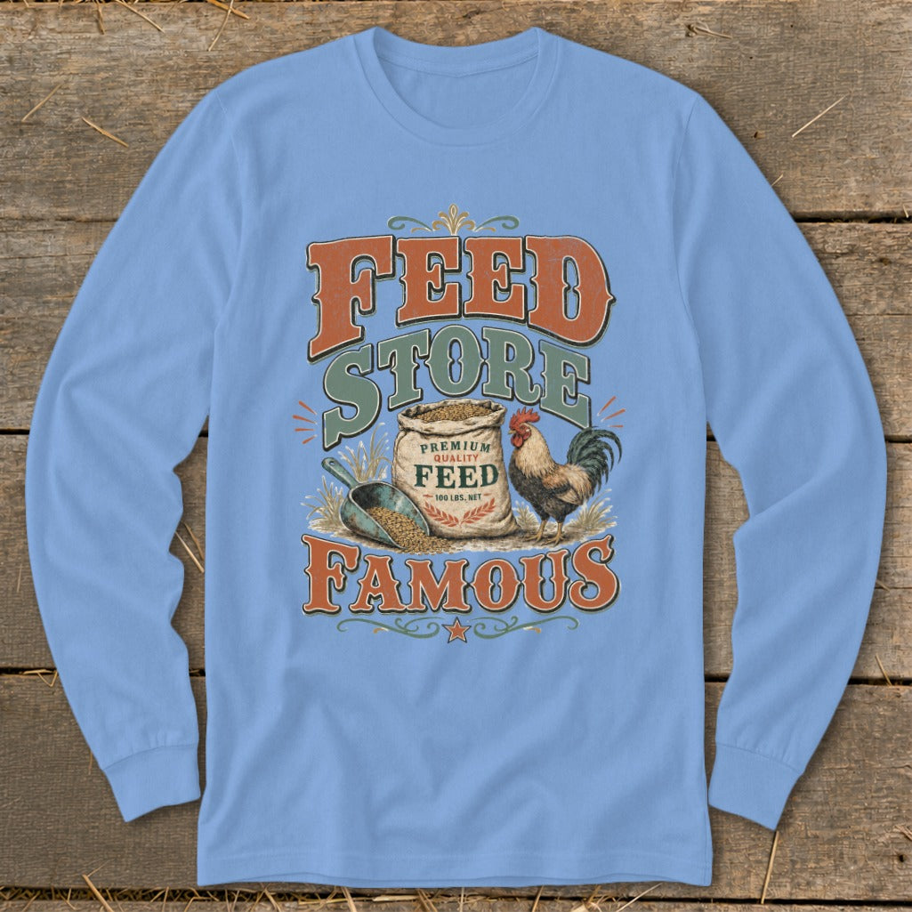 Light blue long-sleeve shirt with "Feed Store Famous" graphic and rooster.