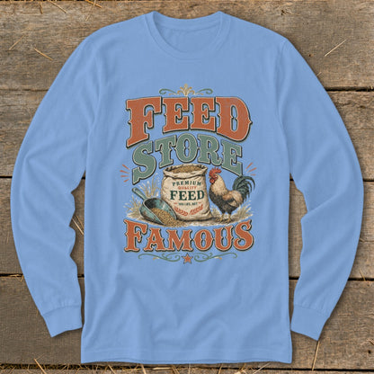 Light blue long-sleeve shirt with "Feed Store Famous" graphic and rooster.