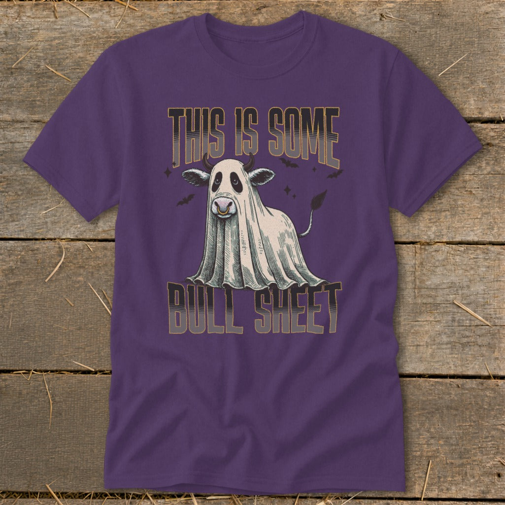 Purple t-shirt with a cartoon cow dressed as a ghost and text "THIS IS SOME BULL SHEET".