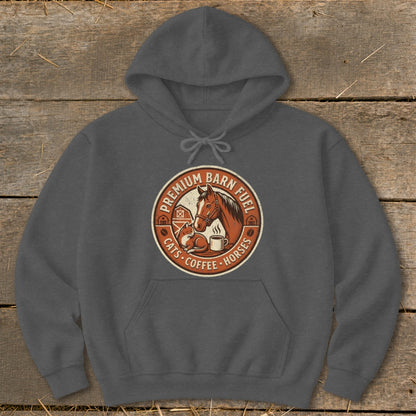 Gray hoodie with a circular graphic featuring a horse, cat, and coffee cup.