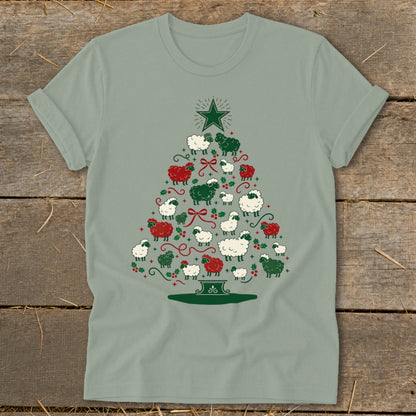 Light green t-shirt featuring a Christmas tree made of white, red, and green sheep.