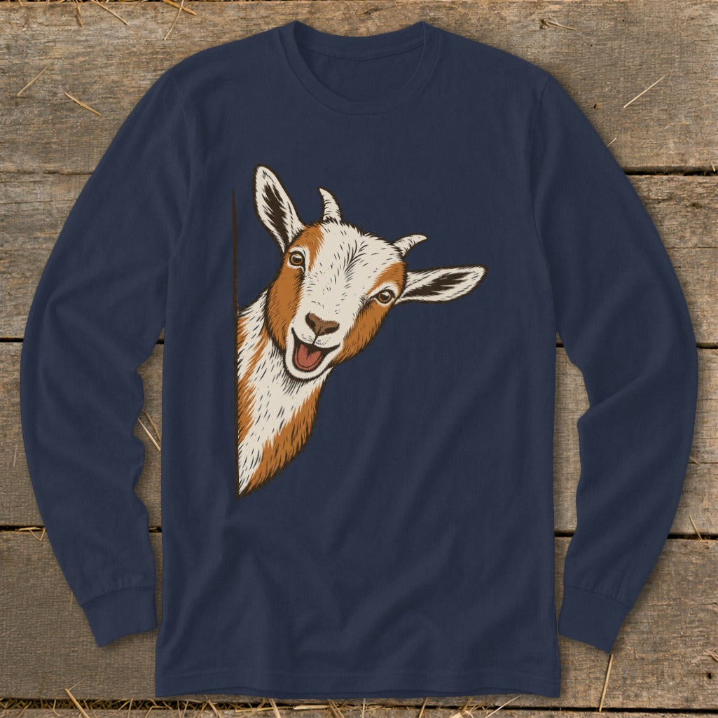 Navy long sleeve shirt with a cartoon goat peeking from the side.